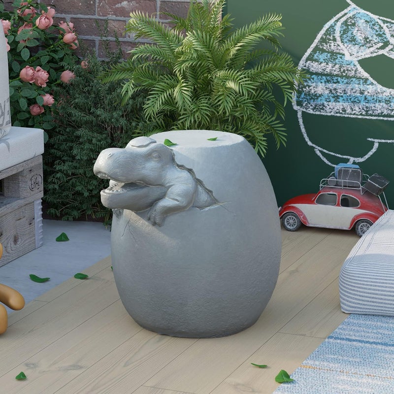 COSIEST Dinosaur Sculpture End Table, 14.6x16.9 inch Concrete Finish Side Table, Round Accent Table for Garden Yard Patio, Light Gray - Image 1
